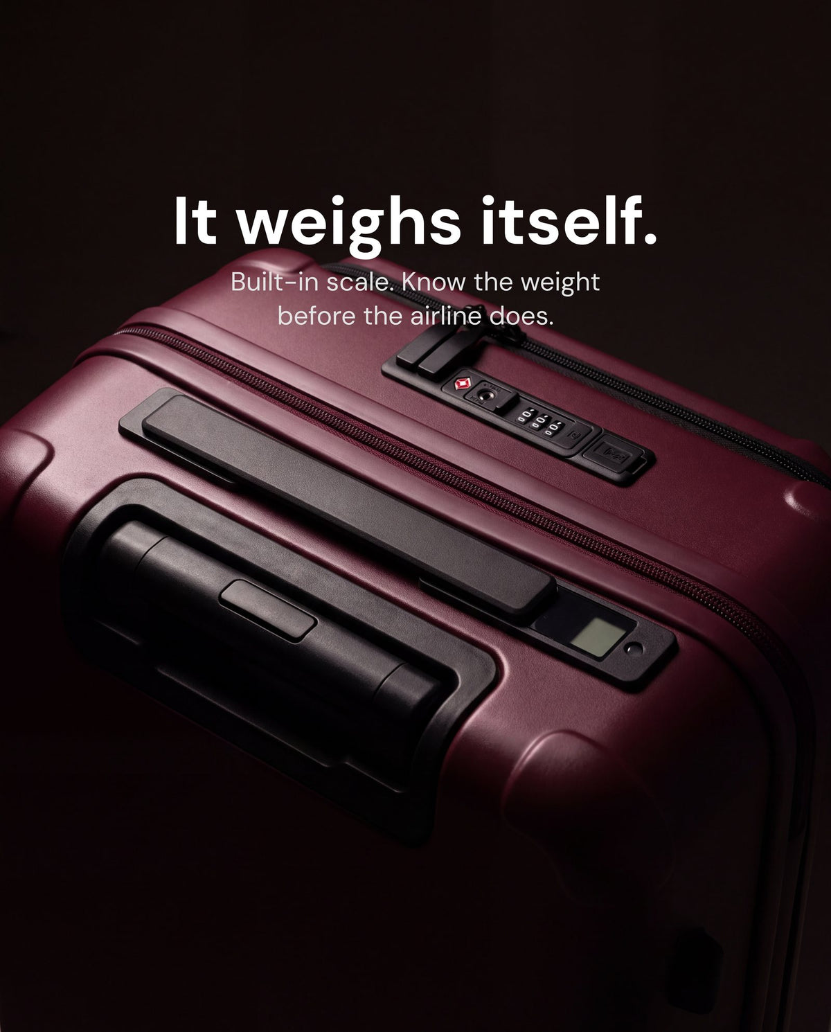 It weighs itself. Built-in scale. Know the weight before the airline does. Close-up of the ScalePro display on a Wine TRVLR case.